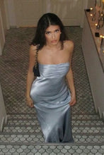 Load image into Gallery viewer, Simple Sheath Strapless Grey Satin Long Prom Dress with Ruched
