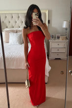Load image into Gallery viewer, Simple Sheath Strapless Red Long Party Dress with Slit Back