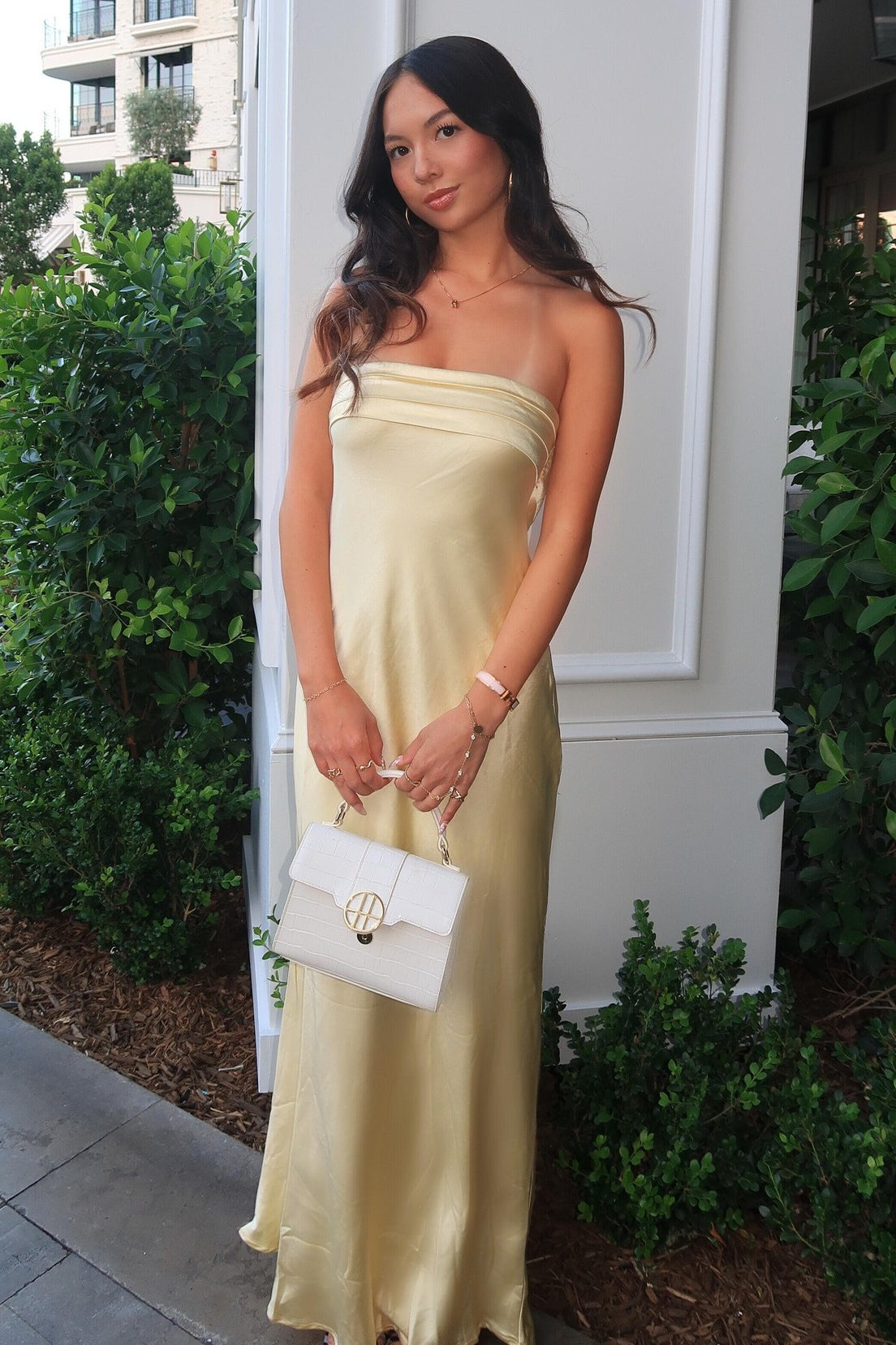 Simple Sheath Strapless Yellow Long Prom Dress with Ruched Open Back