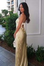 Load image into Gallery viewer, Simple Sheath Strapless Yellow Long Prom Dress with Ruched Open Back