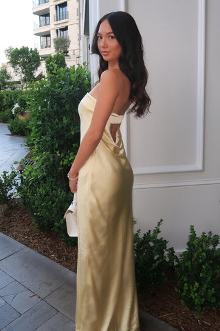 Simple Sheath Strapless Yellow Long Prom Dress with Ruched Open Back