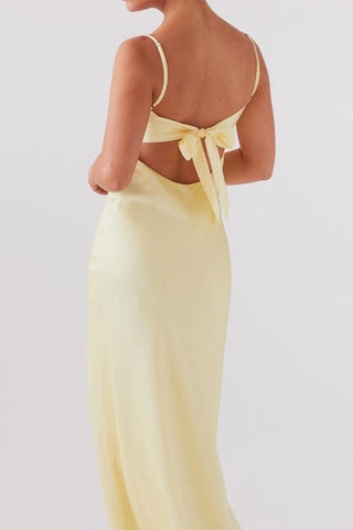Simple Sheath Spaghetti Straps Light Yellow Long Prom Dress with Keyhole