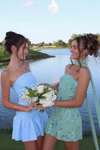 Load image into Gallery viewer, Simple Sheath Strapless Light Blue Short Homecoming Dress with Ruffles