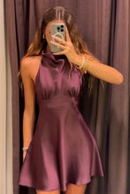 Load image into Gallery viewer, Soft Elegant Plum Satin Halter Neck A-Line Homecoming Mini Dress