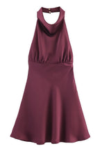 Load image into Gallery viewer, Soft Elegant Plum Satin Halter Neck A-Line Homecoming Mini Dress