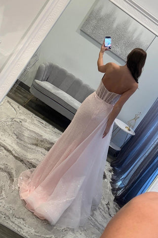 Sparkly Mermaid Strapless Pink Sequins Corset Prom Dress with Split Front