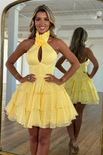Load image into Gallery viewer, Sophisticated A Line Halter Neck Black Short Homecoming Dress with Appliques Ruffles
