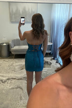 Load image into Gallery viewer, Sparkle Short Tight Homecoming Dress with Cutout Details and Strapless Design
