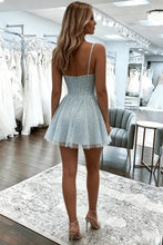 Load image into Gallery viewer, Sparkly A Line Spaghetti Straps Light Blue Corset Homecoming Dress with Beading