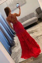 Load image into Gallery viewer, Stunning Mermaid Spaghetti Straps Red Long Prom Dress with Beading Ruffles