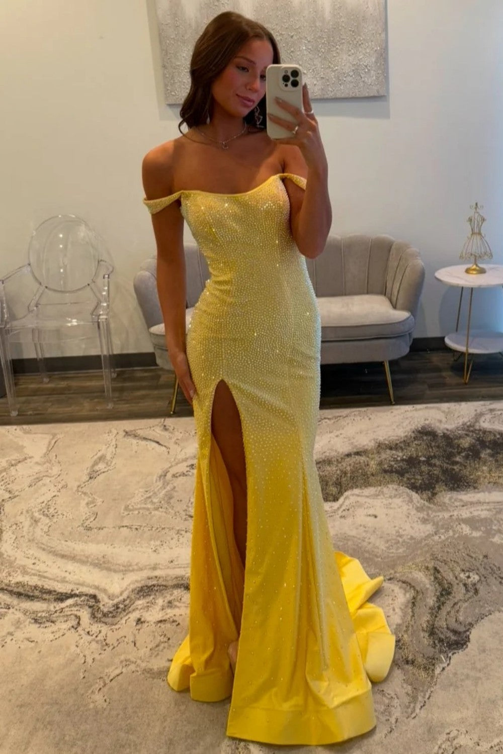 Sparkly Mermaid Off the Shoulder Yellow Long Prom Dress with Beading