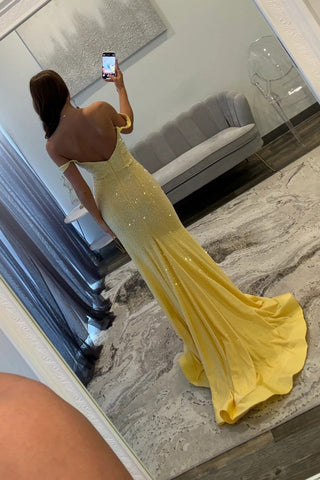 Sparkly Mermaid Off the Shoulder Yellow Long Prom Dress with Beading