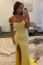 Load image into Gallery viewer, Sparkly Mermaid Off the Shoulder Yellow Long Prom Dress with Beading