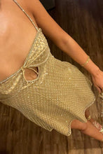 Load image into Gallery viewer, Sparkly A Line Spaghetti Straps Gold Sequins Short Homecoming Dress with Keyhole