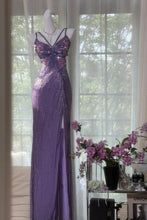 Load image into Gallery viewer, Sparkly A Line Spaghetti Straps Purple Long Prom Dress with Beading
