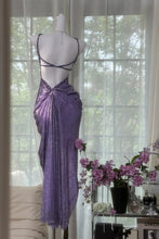 Load image into Gallery viewer, Sparkly A Line Spaghetti Straps Purple Long Prom Dress with Beading
