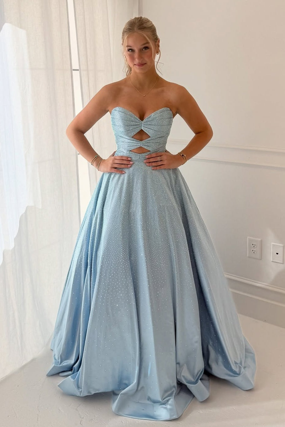 Sparkly A Line Sweetheart Light Blue Long Prom Dress with Keyhole Beading