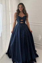 Load image into Gallery viewer, Sparkly A Line Sweetheart Light Blue Long Prom Dress with Keyhole Beading