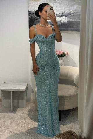 Sparkly Aqua Blue Off-Shoulder Long Beaded Prom Gown with Slender Straps