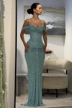 Load image into Gallery viewer, Sparkly Aqua Blue Off-Shoulder Long Beaded Prom Gown with Slender Straps