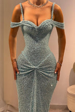 Load image into Gallery viewer, Sparkly Aqua Blue Off-Shoulder Long Beaded Prom Gown with Slender Straps