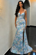 Load image into Gallery viewer, Trendy Mermaid Spaghetti Straps Blue Floral Mermaid Prom Dress with Lace Up Back and Slit