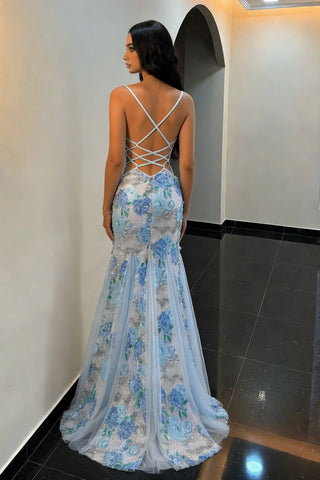 Trendy Mermaid Spaghetti Straps Blue Floral Mermaid Prom Dress with Lace Up Back and Slit