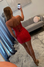 Load image into Gallery viewer, Sparkly Bodycon Strapless Red Corset Homecoming Dress with Beading