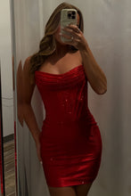 Load image into Gallery viewer, Sparkly Bodycon Strapless Red Corset Homecoming Dress with Beading