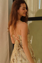 Load image into Gallery viewer, Sparkly Champagne Lace Homecoming Dress with Beaded Flowers and Cutout Bust
