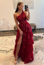 Load image into Gallery viewer, Dark Red A-Line Sequin One Shoulder Tiered Long Prom Dress With Slit
