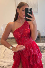 Load image into Gallery viewer, Dark Red A-Line Sequin One Shoulder Tiered Long Prom Dress With Slit
