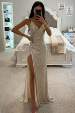 Load image into Gallery viewer, Sparkly Gold Mermaid Spaghetti Straps Long Prom Dress With Slit