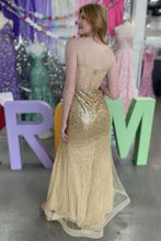 Load image into Gallery viewer, Sparkly Gold Mermaid Spaghetti Straps Long Prom Dress With Split
