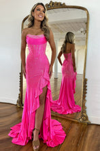 Load image into Gallery viewer, Sparkly Hot Pink Mermaid Strapless Long Beaded Prom Dress with Slit
