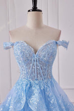 Load image into Gallery viewer, Sparkly Light Blue A-Line Off The Shoulder Long Prom Dress With Slit