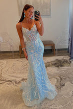 Load image into Gallery viewer, Sequin Light Blue Mermaid Spaghetti Straps Sweep Train Prom Dress
