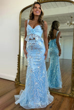 Load image into Gallery viewer, Stunning Two Piece Sweetheart Light Blue Long Prom Dress with Lace 3D Flowers