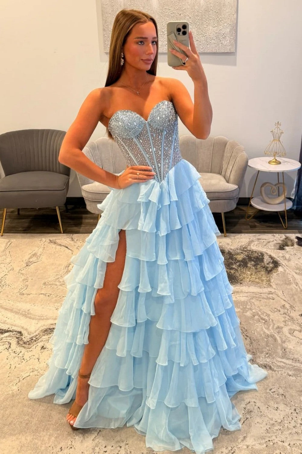 Princess A Line Sweetheart Light Blue Corset Prom Dress with Beading Ruffles