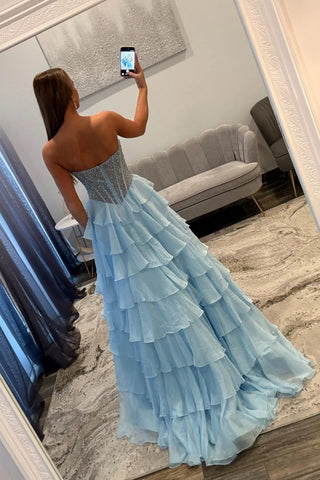 Princess A Line Sweetheart Light Blue Corset Prom Dress with Beading Ruffles