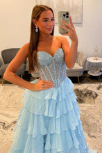 Load image into Gallery viewer, Princess A Line Sweetheart Light Blue Corset Prom Dress with Beading Ruffles