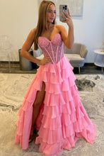 Load image into Gallery viewer, Princess A Line Sweetheart Light Blue Corset Prom Dress with Beading Ruffles