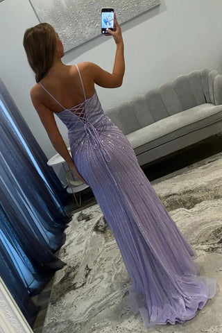 Luxurious Mermaid Spaghetti Straps Lilac Long Prom Dress with Beading Slit