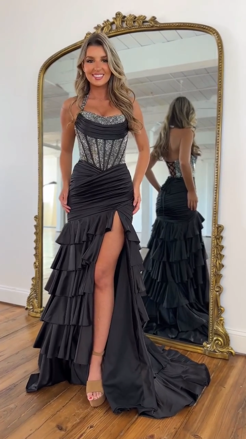 Luuvis Women Black Corset Prom Dress Sparkly Mermaid Halter Neck Formal