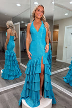 Load image into Gallery viewer, Sparkly Mermaid Halter Neck Blue Long Prom Dress with Beading Ruffles