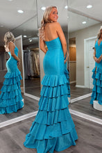 Load image into Gallery viewer, Sparkly Mermaid Halter Neck Blue Long Prom Dress with Beading Ruffles