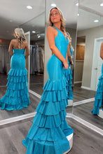 Load image into Gallery viewer, Sparkly Mermaid Halter Neck Blue Long Prom Dress with Beading Ruffles