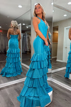 Load image into Gallery viewer, Sparkly Mermaid Halter Neck Blue Long Prom Dress with Beading Ruffles