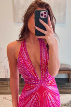 Load image into Gallery viewer, Sparkly Mermaid Halter Neck Fuchsia Long Prom Dress with Beading