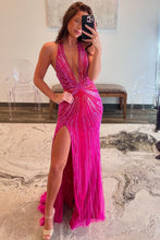 Load image into Gallery viewer, Sparkly Mermaid Halter Neck Fuchsia Long Prom Dress with Beading